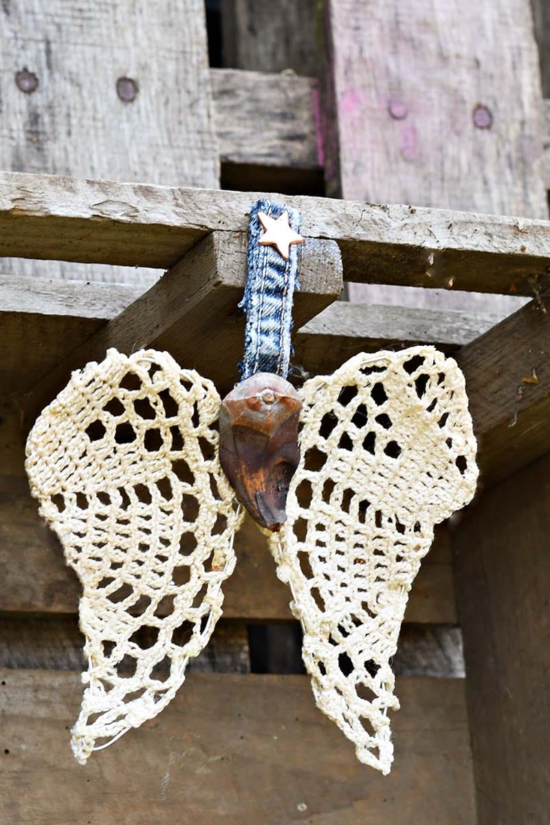 Repurposed doily Christmas angel wings ornament