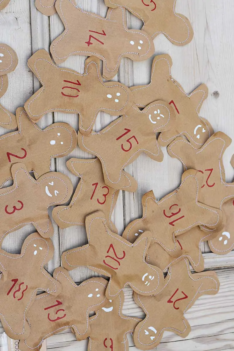 finished gingerbread men for homemade advent calendar