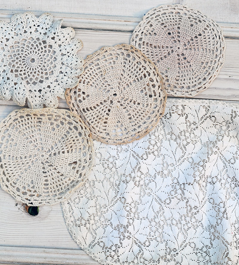 Vintage doilies for angel wings ornament