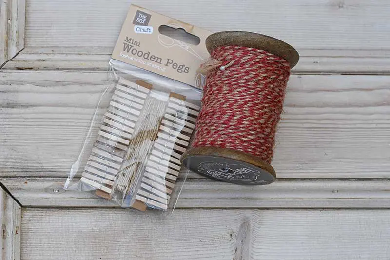 twine and wooden pegs