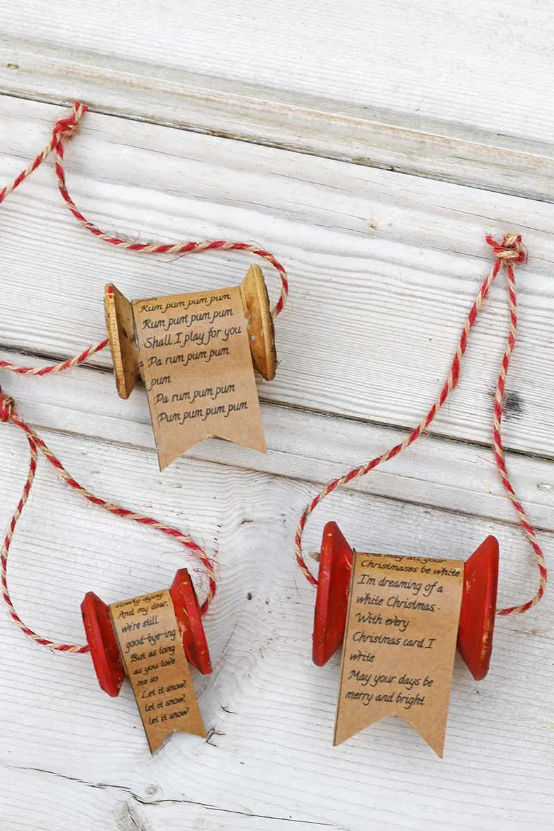 upcycled vintage wooden thread spool ornaments for Christmas