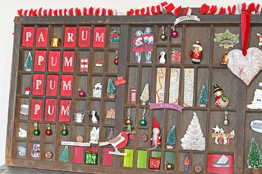 Vintage Christmas Printers Tray into Christmas Shadow box