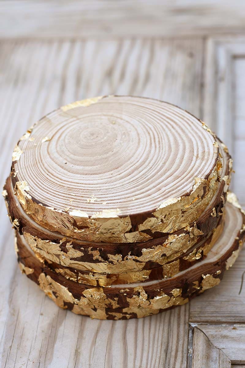 Gold leaf on wood slices