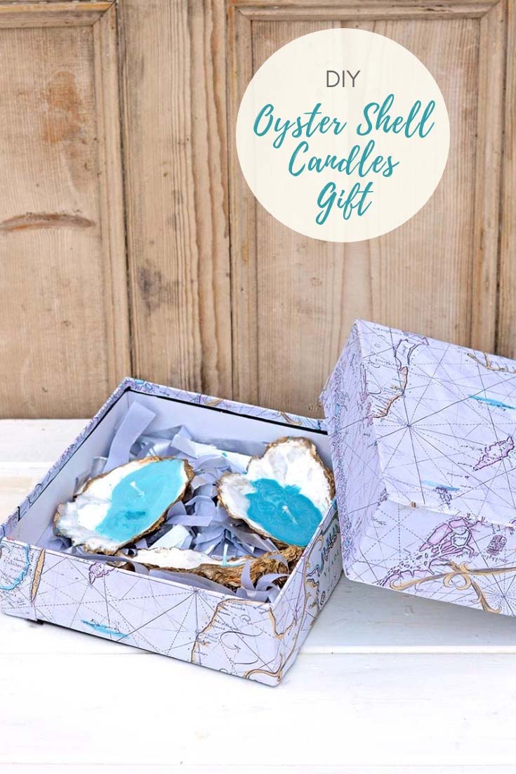 Handmade candles oyster shells in gift box.