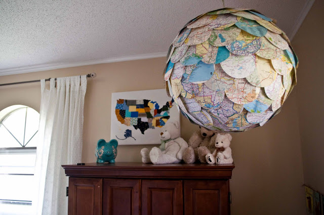 Upcycled map pendant light.