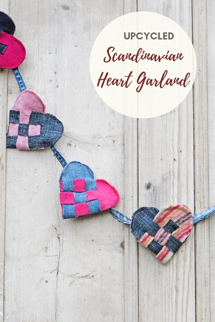 Upcycled denim and sweater felt heart garland