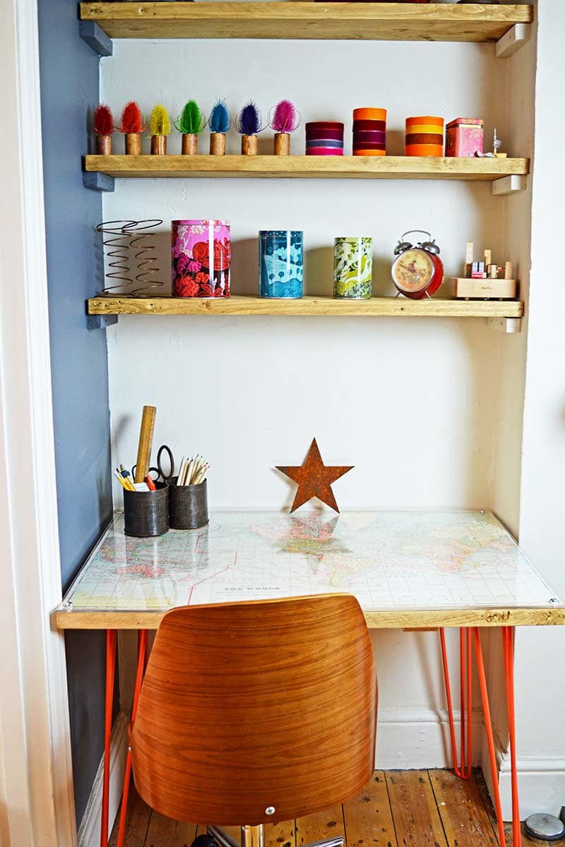 Scaffolding board shelves and desk