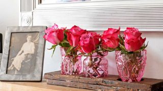 trio of pink glass bud vases