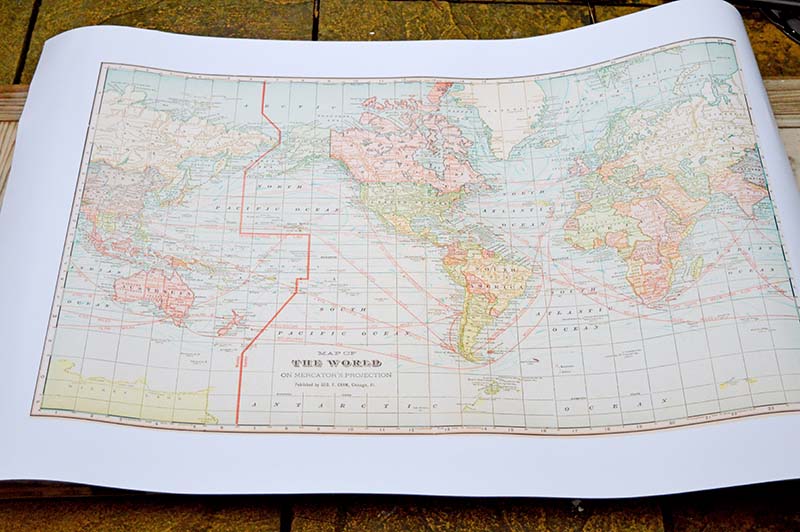 Printed world map for desk top