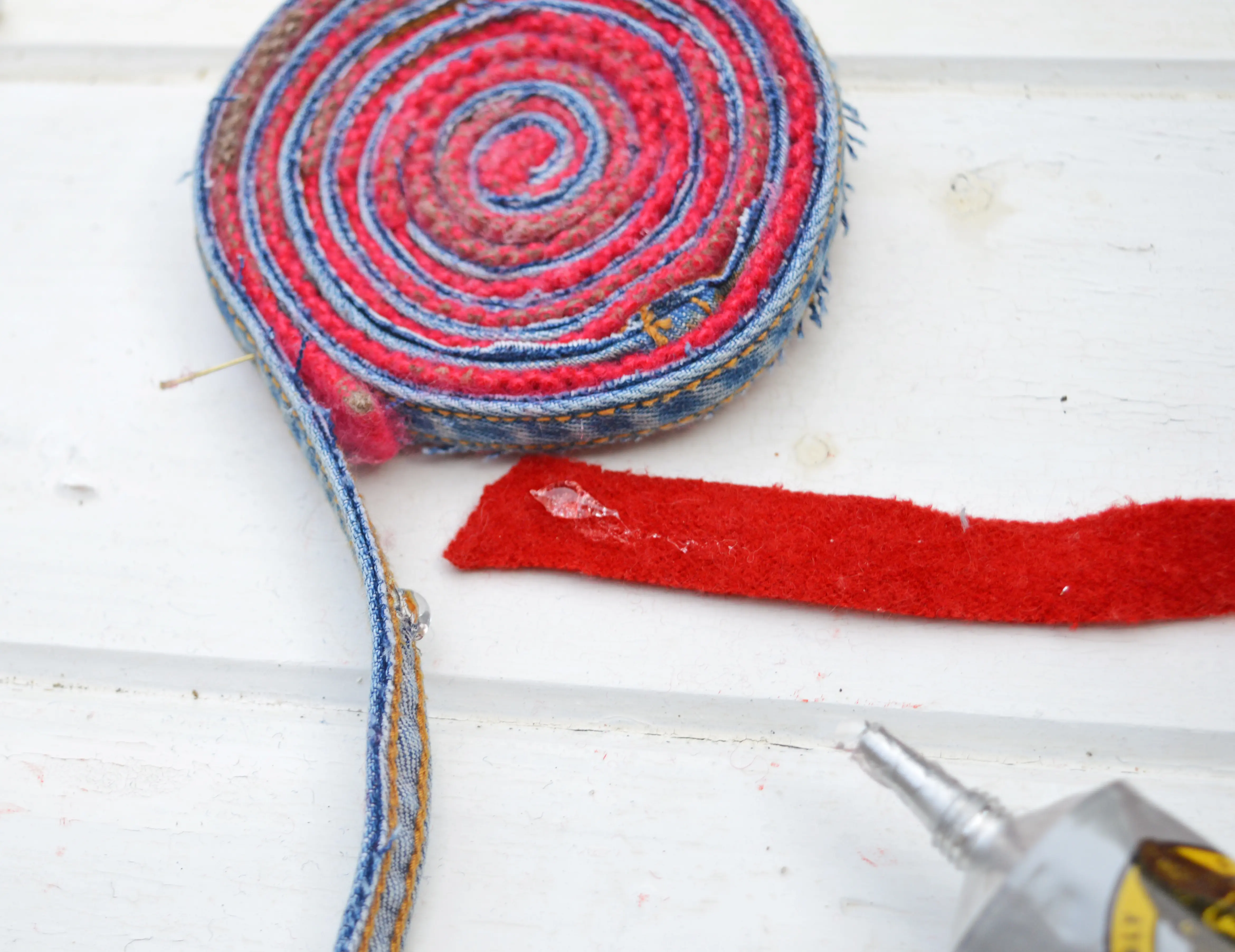 Adding in new piece of felt with upcycled fabric placemats