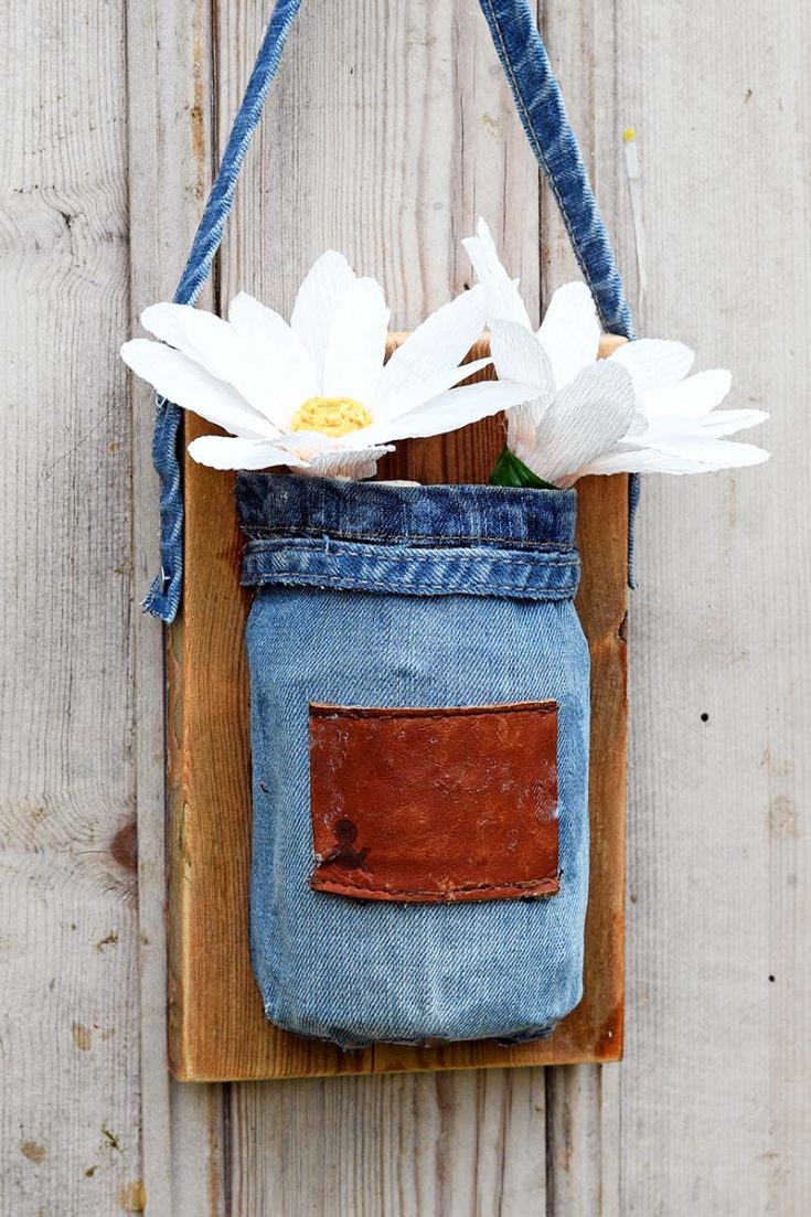 DIY Denim Hanging Jar Vase With Paper Daisies Pillar Box Blue