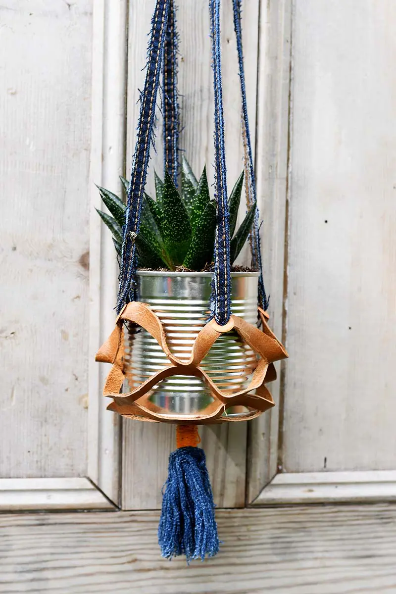 Recycled leather hanging plant pot