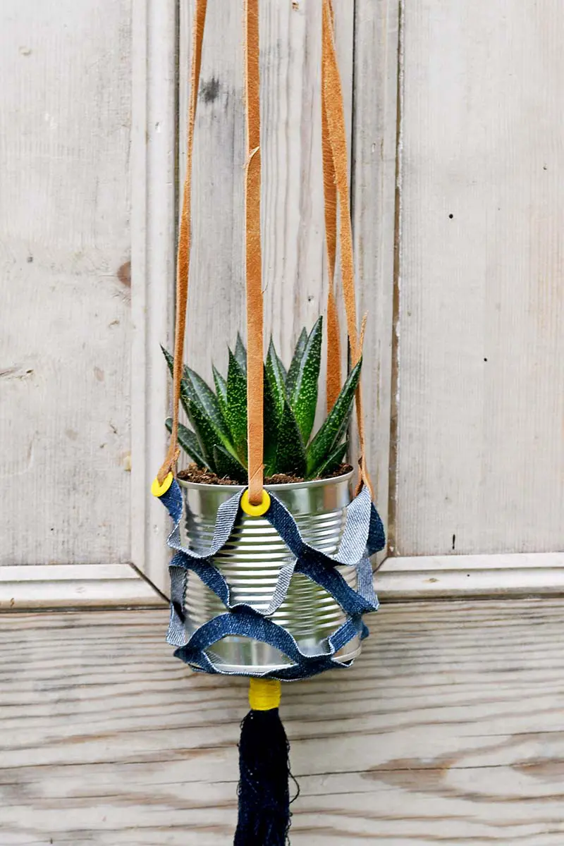 upcycled denim hanging plant holder