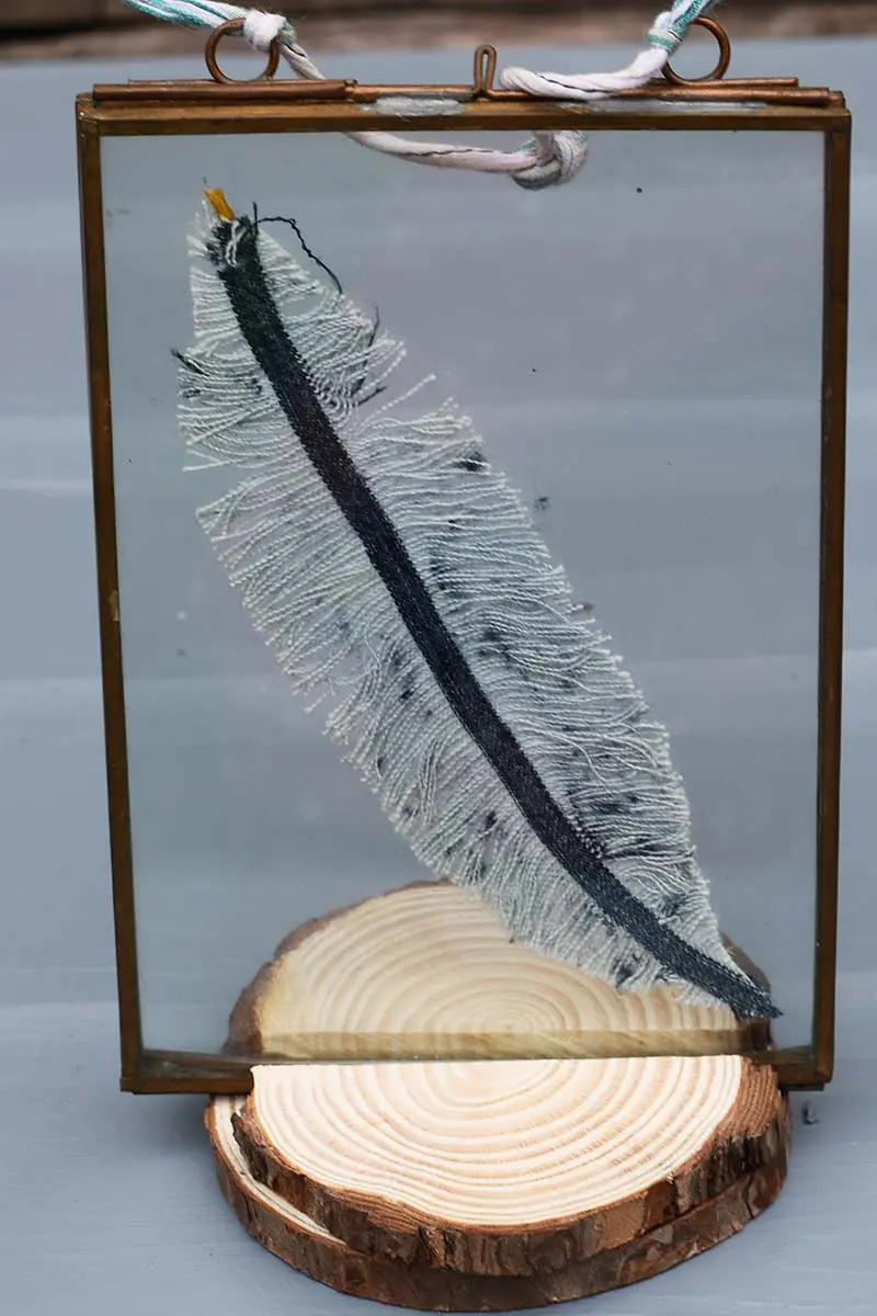 Feather in a photo frame on a wood slice stand