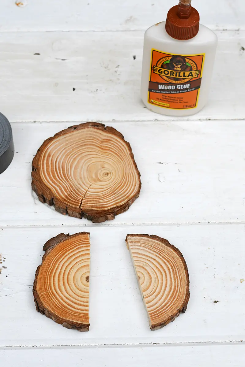 Gluing the wood slices for DIY picture frame stand