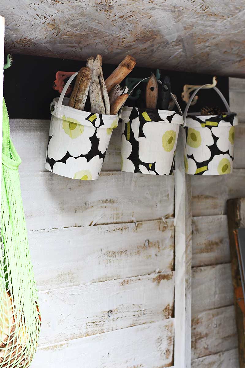 Upcycled Marimekko hanging bucket storage