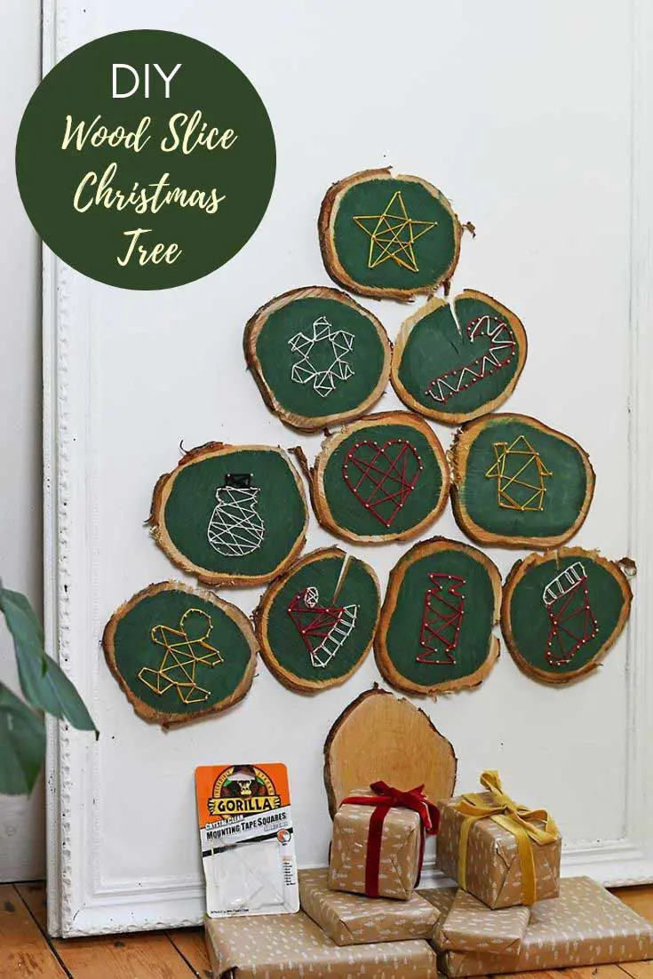 DIY wood slice Christmas tree with geometric string art