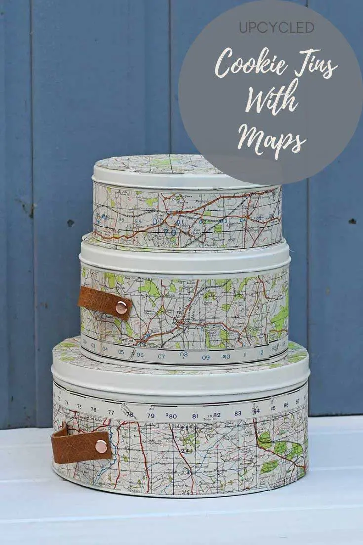 map upcycled cookie tins