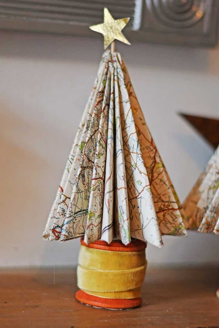 How To Make DIY Paper Christmas Trees With Maps - Pillar Box Blue