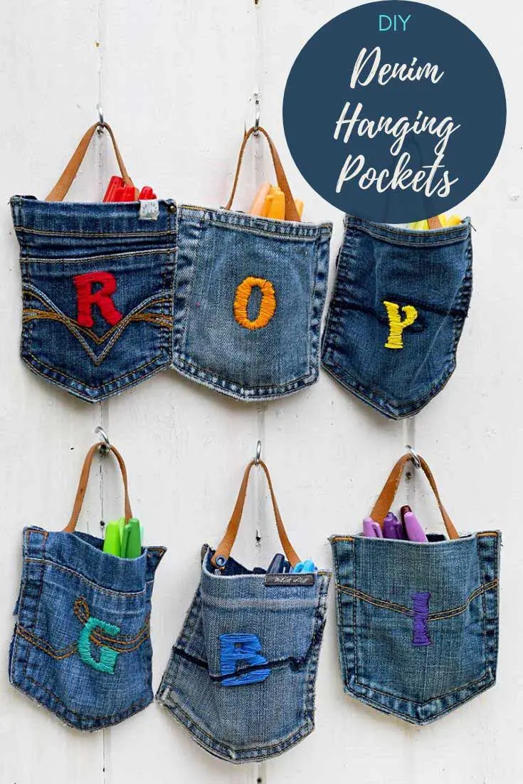 DIY denim hanging pocket storage idea