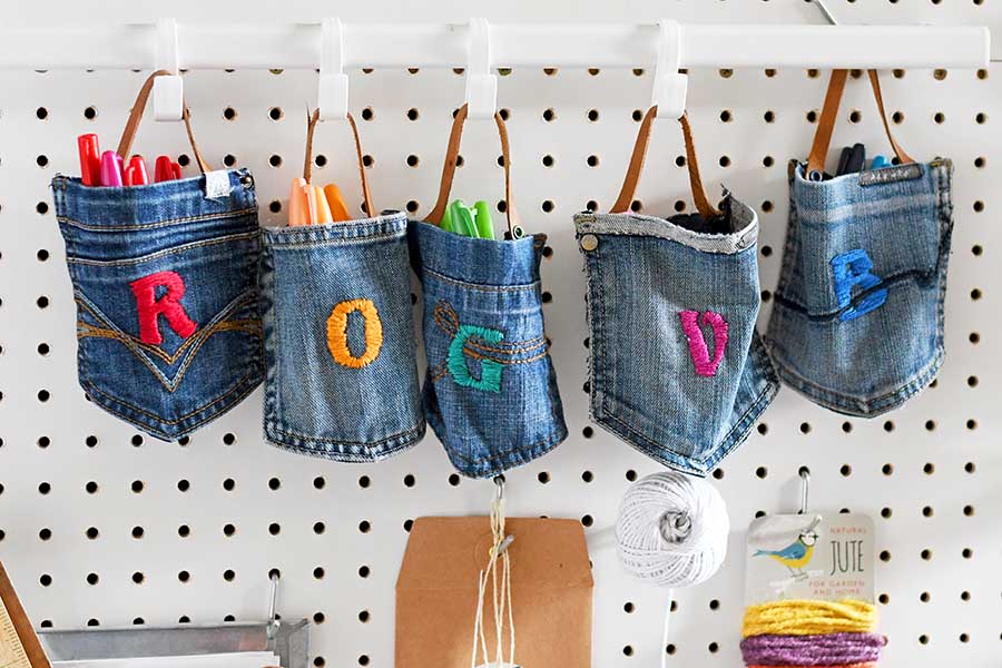 Upcycled hanging pocket storage from old jeans.