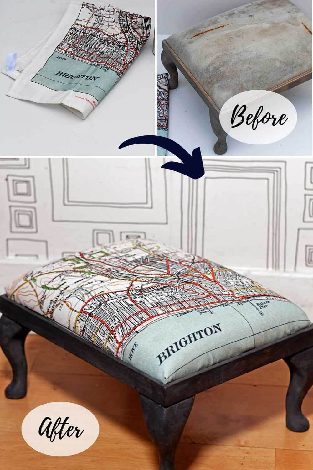 How To Reupholster A Footstool With A Tea Towel Pillar Box Blue