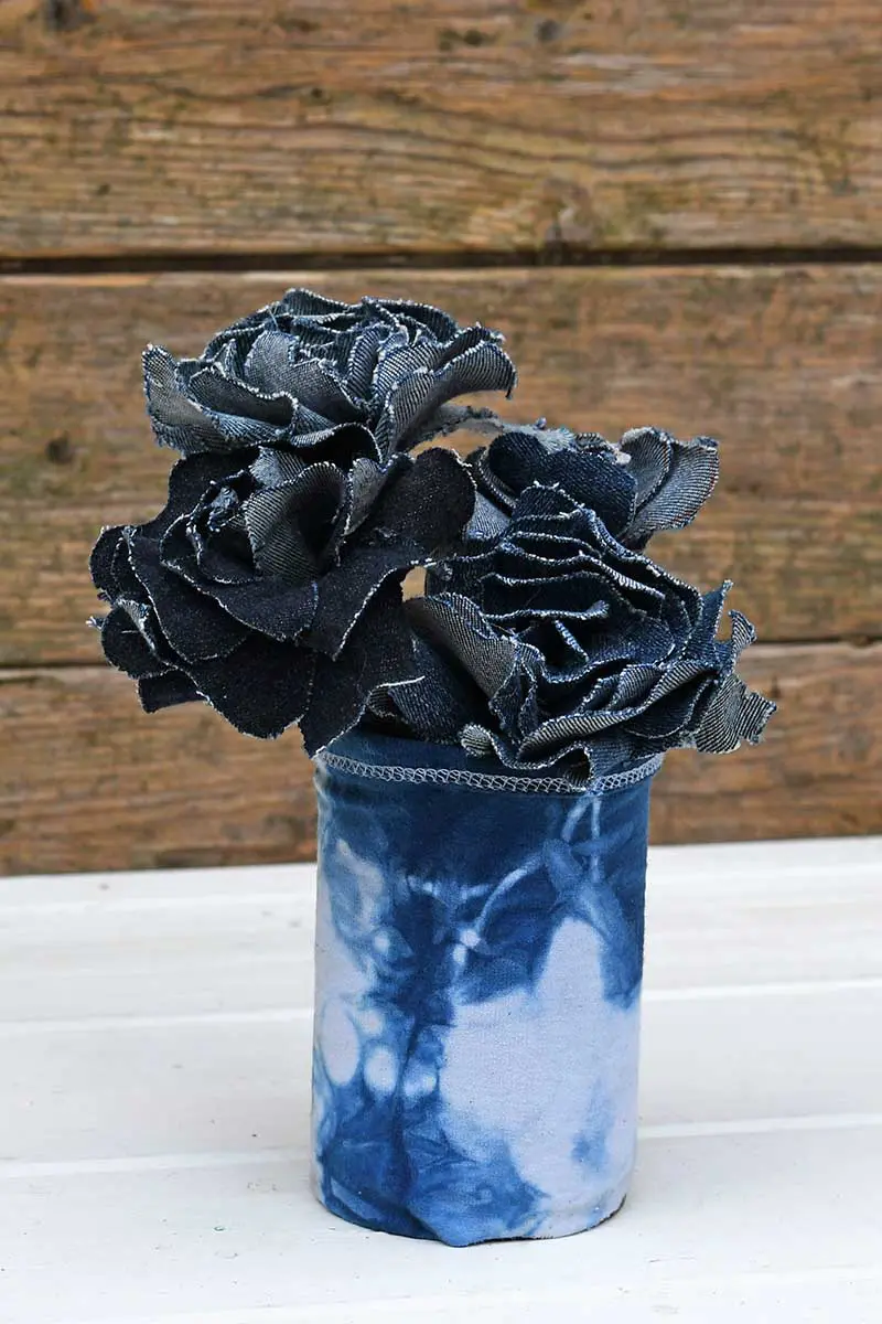 Shibori indigo vase with denim flowers