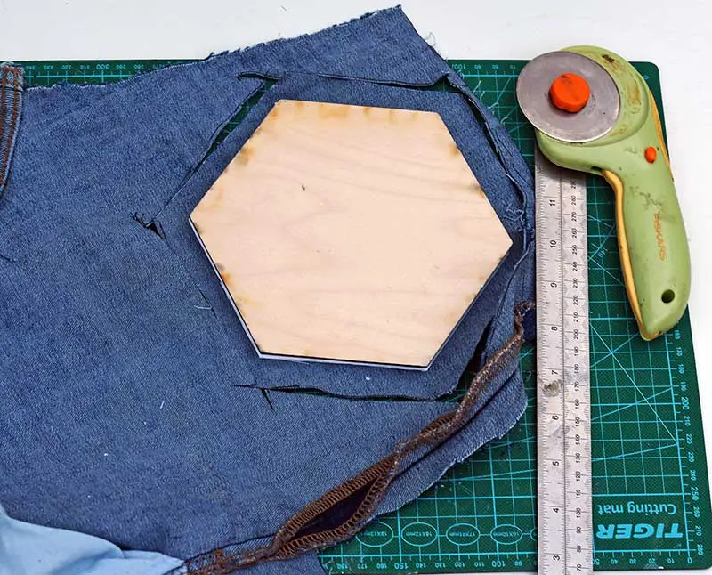 cutting denim hexagons