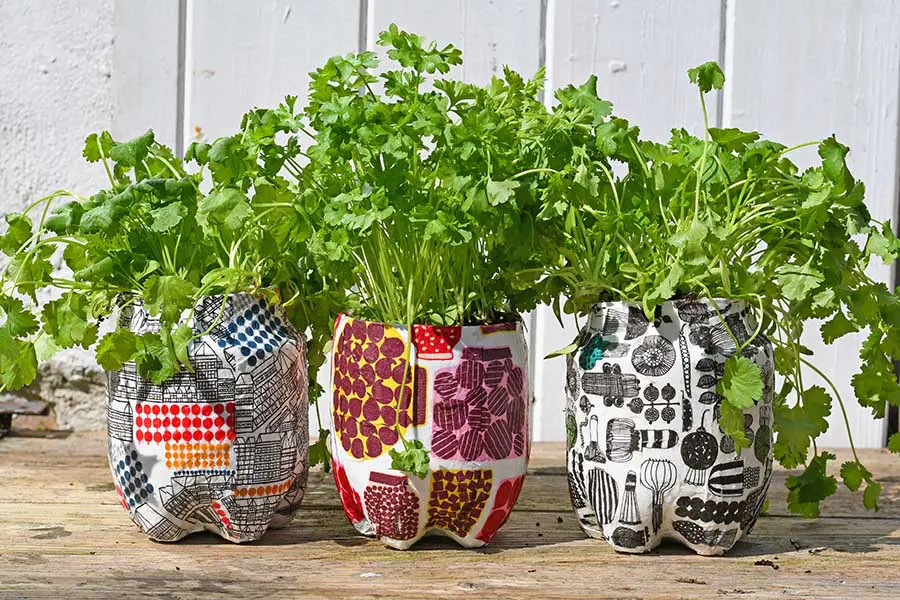 Marimekko repurposed plastic bottle planters