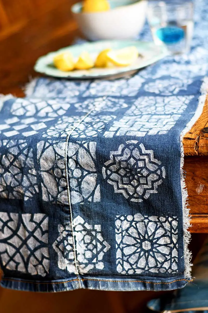 DIY stenciled denim table runner