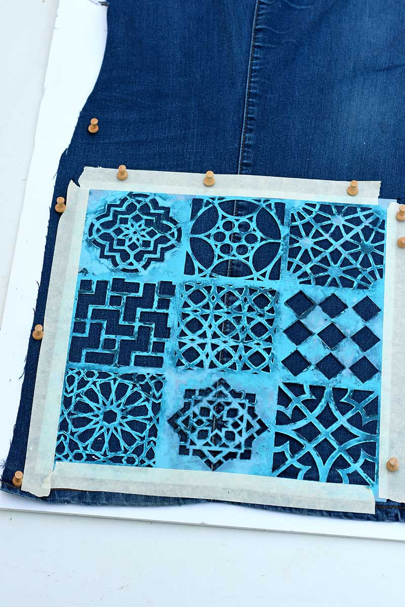 pinning stencil to denim table runner