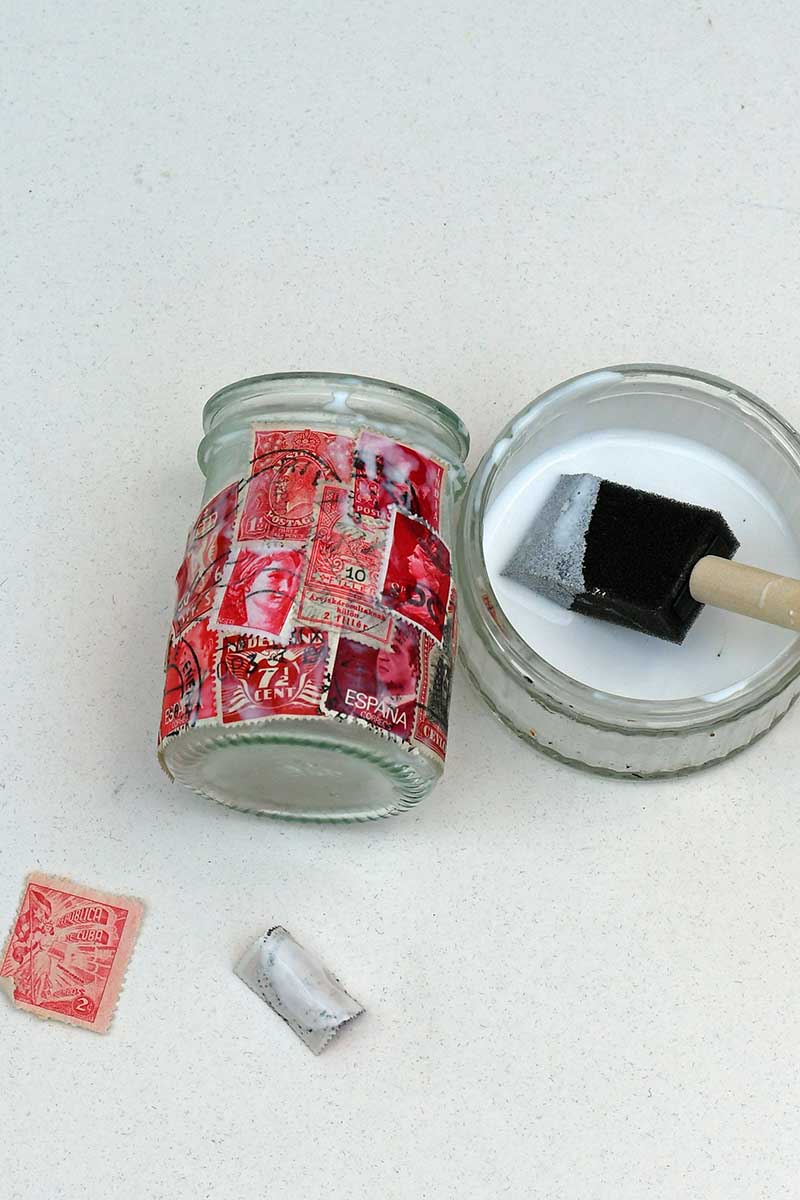 Postage stamp decoupage jar