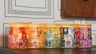 Postage Stamp Decoupage Jar tea lights