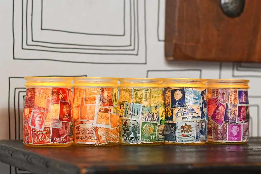 Postage Stamp Decoupage Jar tea lights