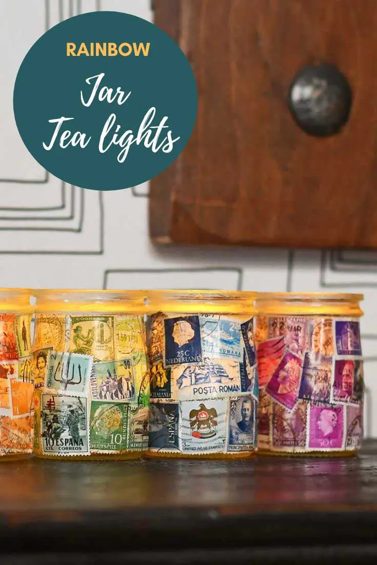 Postage stamp rainbow yogurt jar luminaries