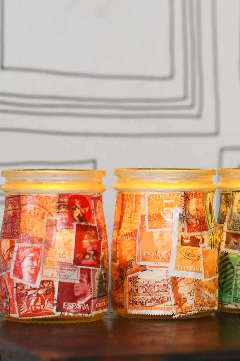 Postage Stamp Decoupage Jar Luminary