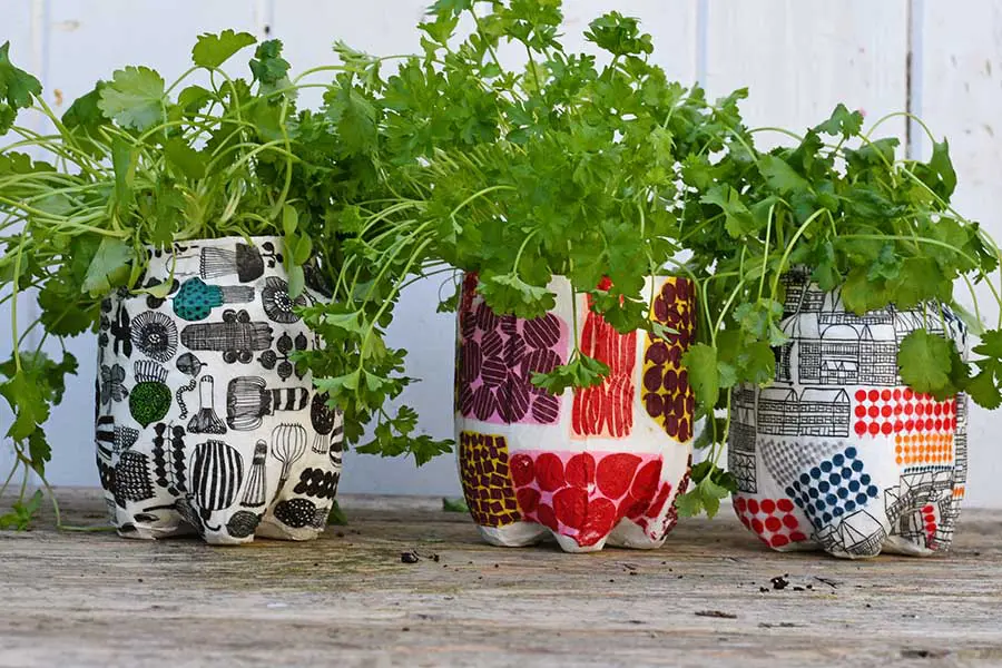 upcycled Marimekko plastic bottle planters