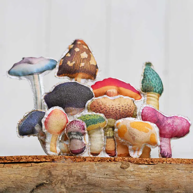 Upcycled fabric mushroom art