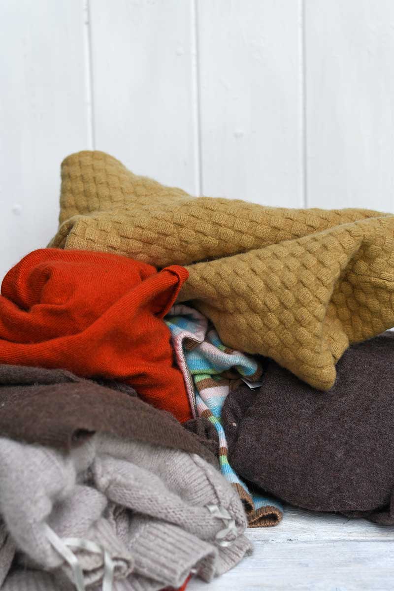 Fall coloured sweaters for a acorn and oak leaf pillow upcycle