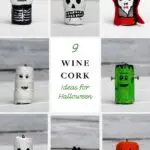 9 Halloweeen Wine cork characters, mummy, skull, jack-o-lantern, frankenstiens' monster, bat, dracular and ghost