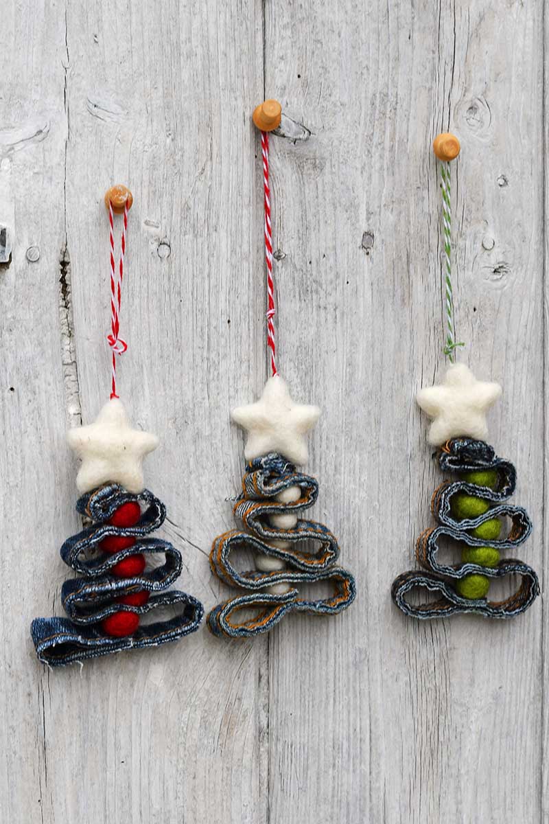 Three denim recycled Christmas decorations