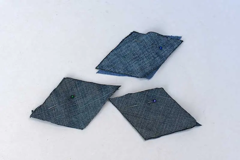 Scrap denim diamonds pinned right sides