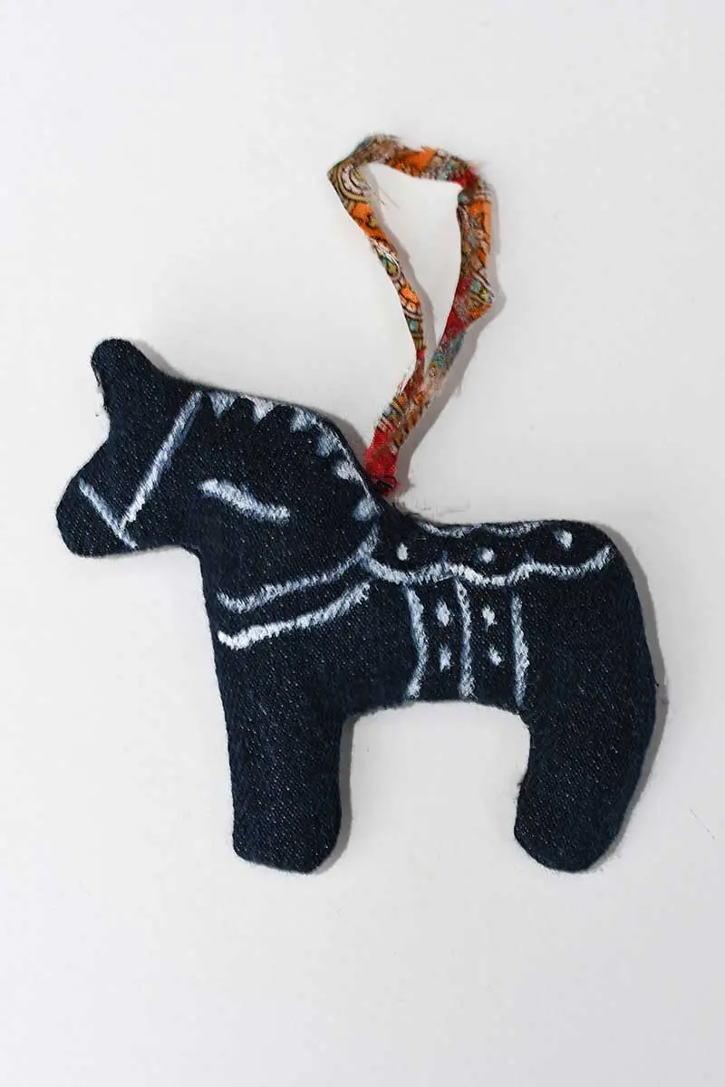Upcycled Denim Swedish Dala Horse Christmas Ornament