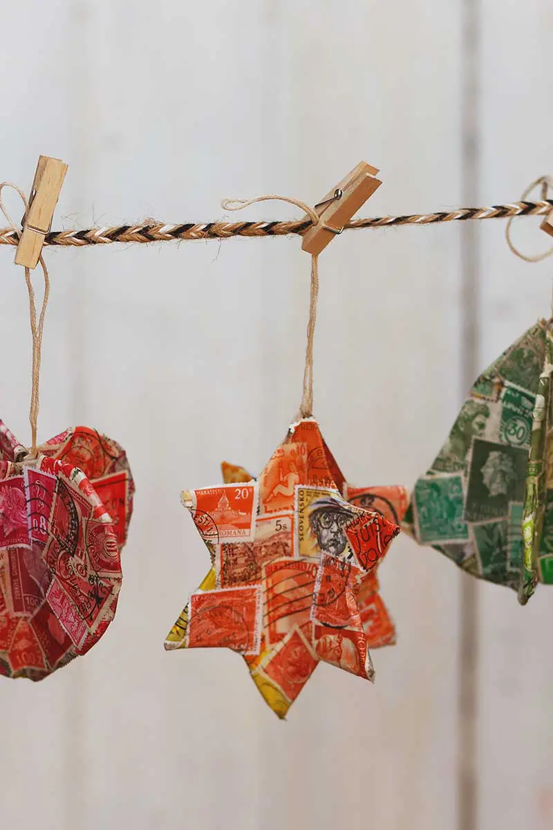 upcycled postage stamp Christmas decorations