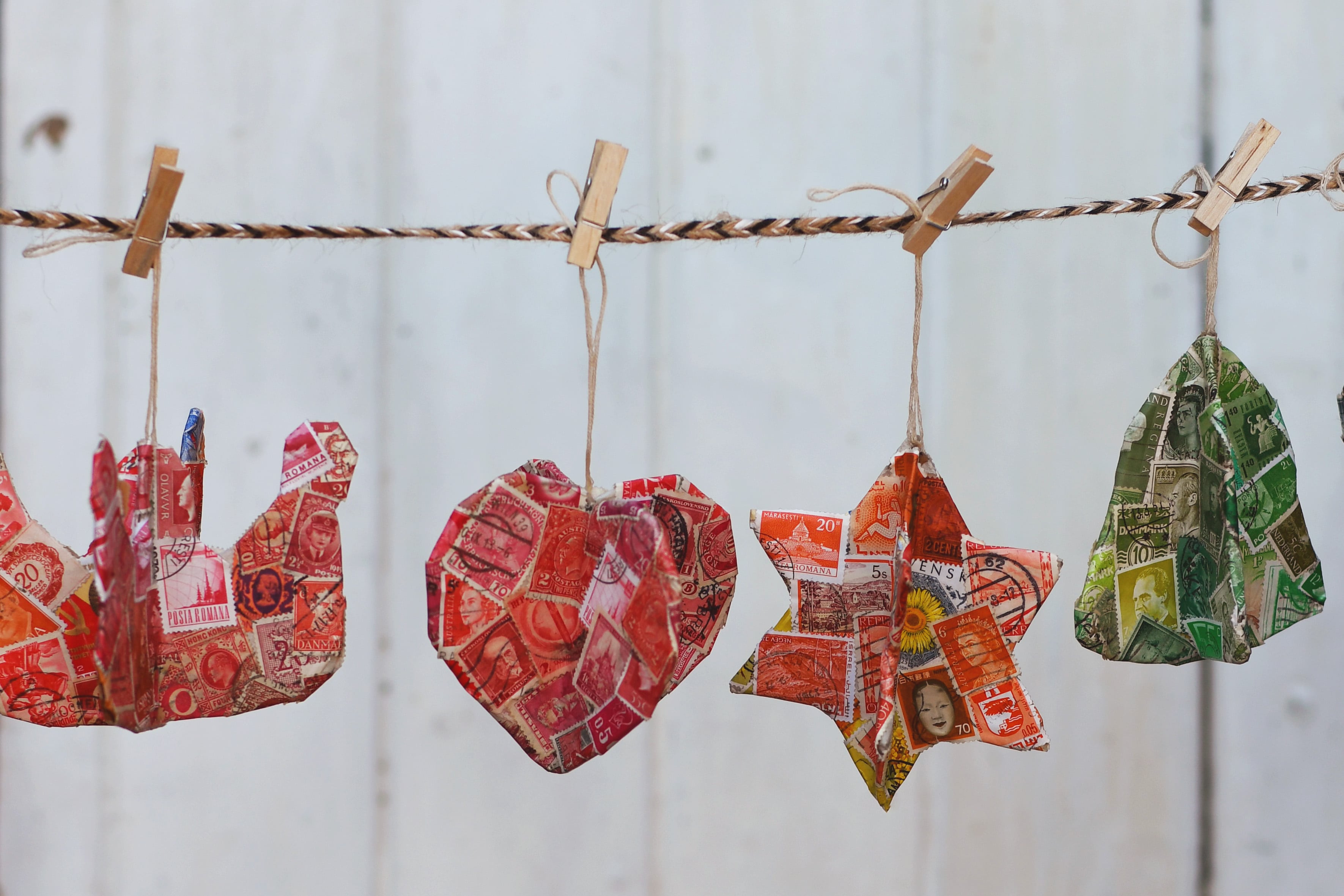 Rainbow postage stamp ornaments