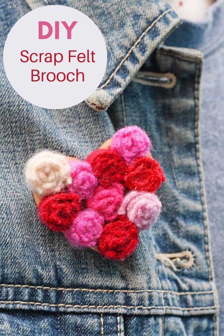 DIY scrap felt heart brooch on denim