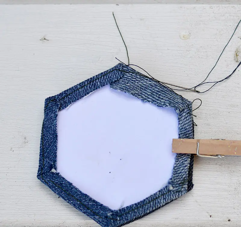 stitched denim hexagon