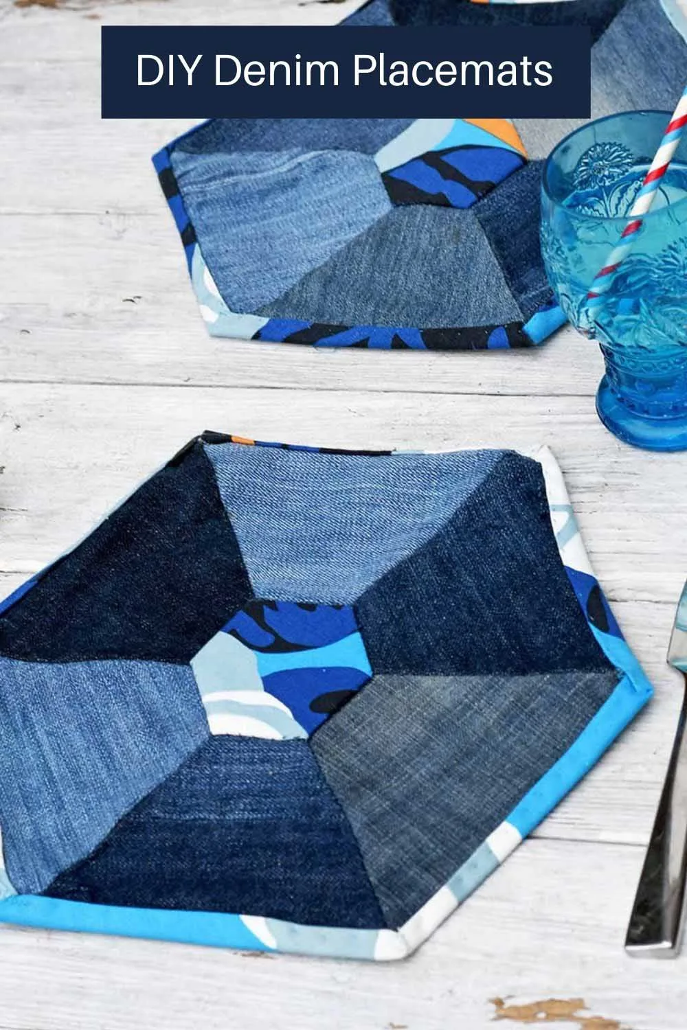 Hexagon placemats with denim patchwork