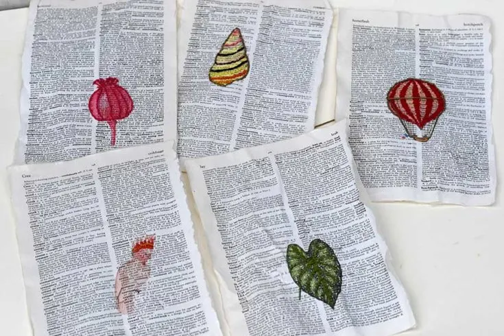 Embroidery on paper dictionary art