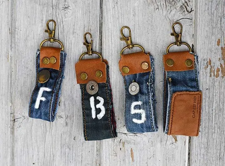 Upcycled jeans fabric key fobs